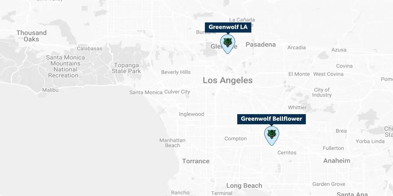 Map oF LA with pins for all greenwolf locations